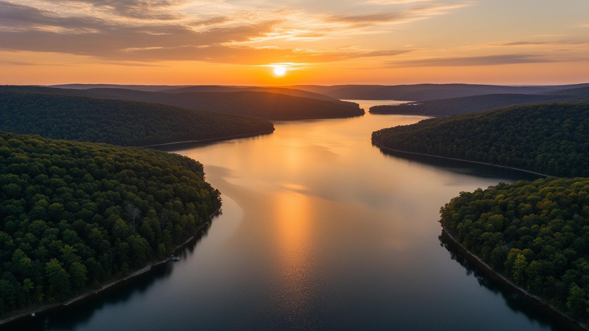 Cinematic sunset over Greers Ferry Lake